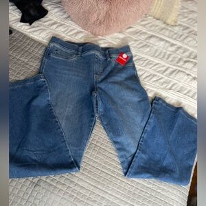 SPANX Women's flair Leg Blue Jeans petite stretch jeans med was, no distress!